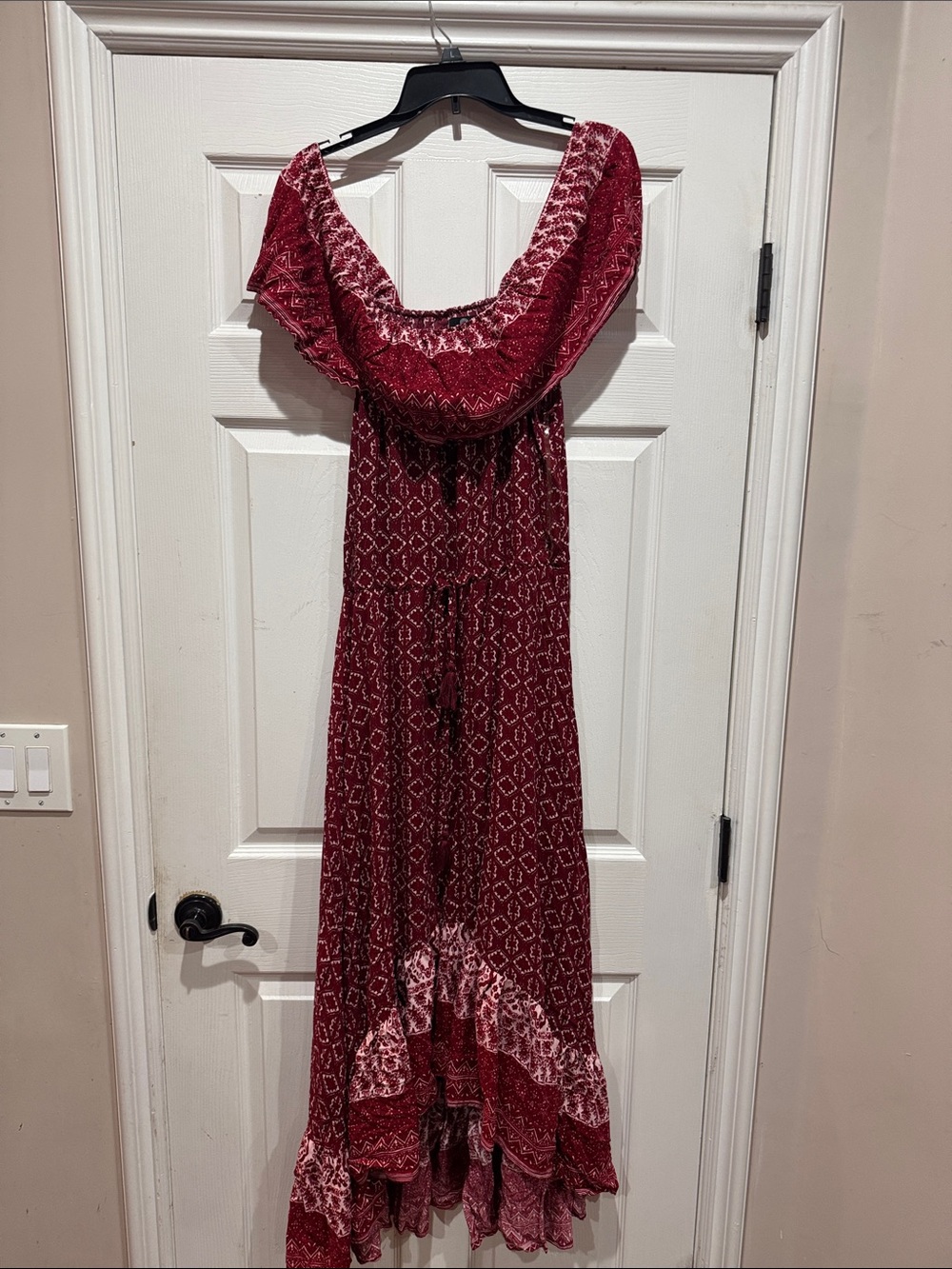 Women's Red Off-Shoulder Maxi Dress with Tiered Hem